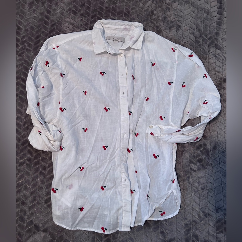 White button down with cherry detail